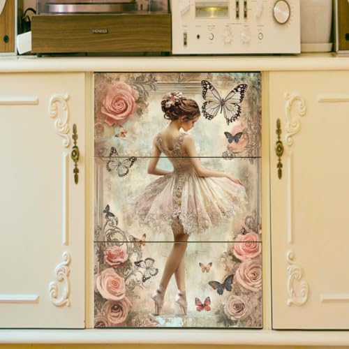Peacoblue Retro Ballet and Roses Rub On Transfers for Furniture 6"x12" - style: Retro Ballet Dancer and Pink Roses