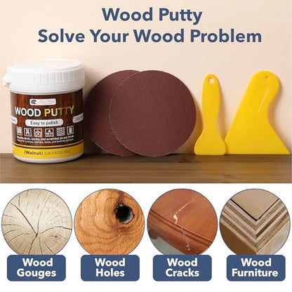 Bates- Wood Filler Putty Repair Kit, 9.87 Ounce, 2 Scrapers, 2 Sandpapers, Walnut Wood Putty Filler Paintable & Stainable for Cracks, Holes and Defects in Wooden Furniture - color: Walnut