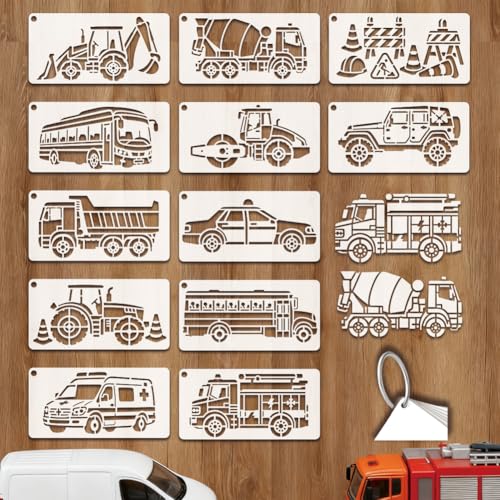12 Sheets 12 Styles Construction Vehicle Stencils, 9.4 x 4.7 in Means of Transportation PET Painting Templates Reusable Drawing Templates for Wall Wood Fabric Canvas Paper Decor - style: Construction Vehicle