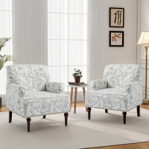 Mid-Century Modern Accent Chair, Rococo Light Grey, Set of 2 - color: Fabric Rococo Light Grey