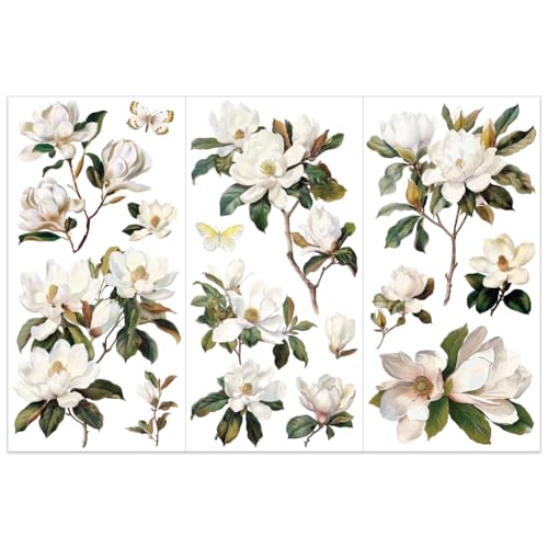 OLYCRAFT 3pcs/Set White Magnolia Rub on Transfers for Crafts and Furniture 6x12 inch Flower Decor Transfer Stickers Vintage Floral Transfers for Wood Furniture Scrapbooking Home Decorations - color: White Magnolia