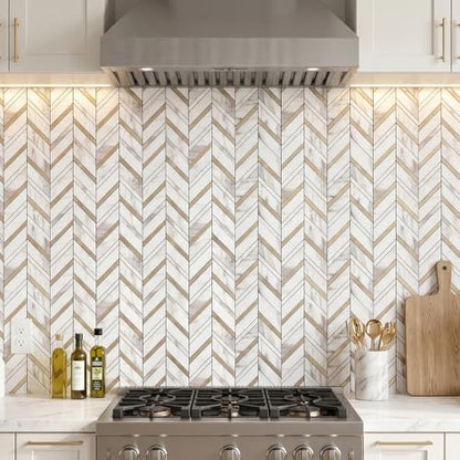 Yipscazo 10 Sheets Herringbone Backsplash Peel and Stick Tile, Marble Calacata Mixed Metal Gold PVC Stick on Backsplash for Kitchen, Waterproof Self Adhesive Wall Tile for Bathroom - color: Marble Calacata Mixed Metal Gold
