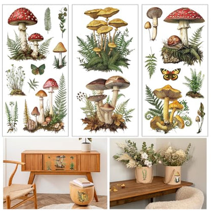 GLOBLELAND 3 Sheets Vintage Mushrooms Transfer for Furniture 6×12 inch - style: Mushrooms