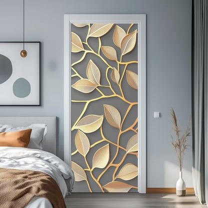 arricraft 2 Sheets Golden Tree Branches Self-Adhesive Door Sticker, 31.5x78.7inch Tree Branches Leaves Door Murals Stickers PVC Removable Wallpaper Decoration for Bedrooms Living Room - style: Golden Tree