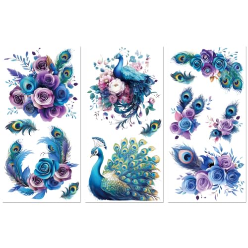 Peacoblue Peacock Flowers Rub On Transfers for Furniture 6"x12" - style: Colorful Peacock Feathers and Flowers