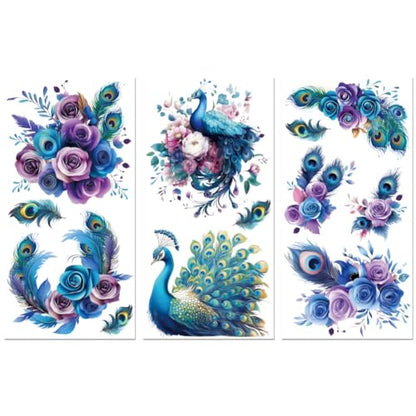 Peacoblue Peacock Flowers Rub On Transfers for Furniture 6"x12" - style: Colorful Peacock Feathers and Flowers