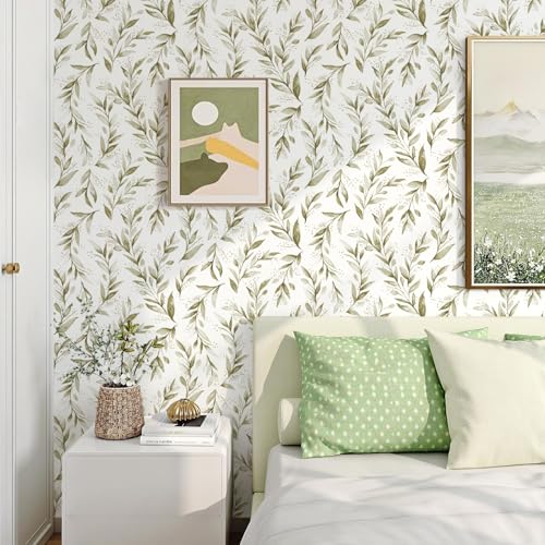 Livebor Peel and Stick Wallpaper Olive Leaf Contact Paper 17.7inch x 118.1inch Floral Leaf Wallpape Peel and Stick Self Adhesive Removable Contact Paper for Bathroom Cabnits Modern Decorative Vinyl - size: 17.7" x 118.1"