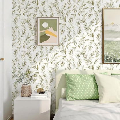 Livebor Peel and Stick Wallpaper Olive Leaf Contact Paper 17.7inch x 118.1inch Floral Leaf Wallpape Peel and Stick Self Adhesive Removable Contact Paper for Bathroom Cabnits Modern Decorative Vinyl - size: 17.7" x 118.1"