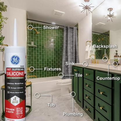GE Supreme Silicone Caulk for Kitchen & Bathroom, Clear, 10 fl oz Cartridge, 1 Pack - 100% Waterproof Silicone Sealant, 7X Stronger Adhesion, Shrink & Crack Proof - color: Clear, size: Pack of 1