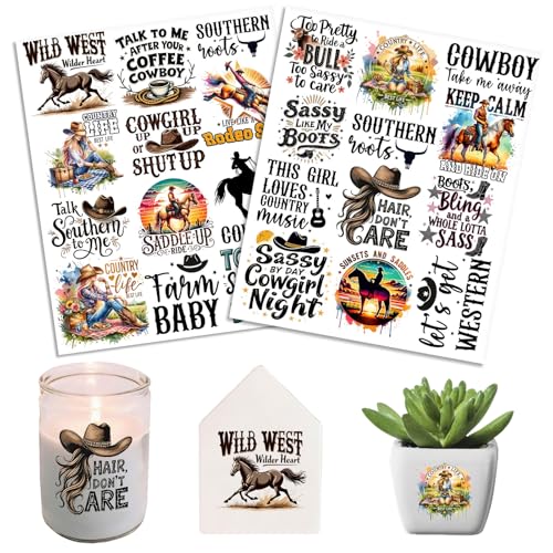 2 Sheets Rub on Transfers for Crafts, Cowboys Furniture Transfers for Wood, Glass, Plastic & Ceramics, Decorative Decals - style: Cowboy Quotes