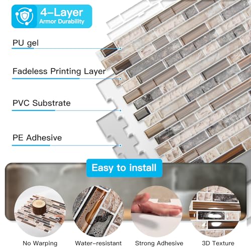 Art3d Linear Design Tile Peel and Stick Backsplash, 10-Sheet, Sandstone - color: Sandstone, size: 12 x 12 Inch