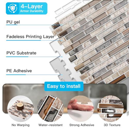 Art3d Linear Design Tile Peel and Stick Backsplash, 10-Sheet, Sandstone - color: Sandstone, size: 12 x 12 Inch