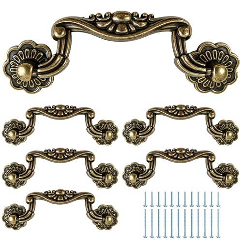 6 Pack Vintage Antique Brass Drop Bail Pulls for Cabinets and Dressers, 3.75 Inch Hole Centers Decorative Drawer Handles, Retro Zinc Alloy Furniture Hardware Replacement - size: 3.75 Inch