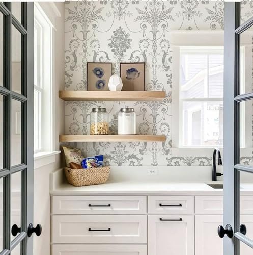 Silver Gray Removable Wallpaper Damascus Floral Peel and Stick Wallpaper - color: Silver/Gray, size: 17.3" x 197"