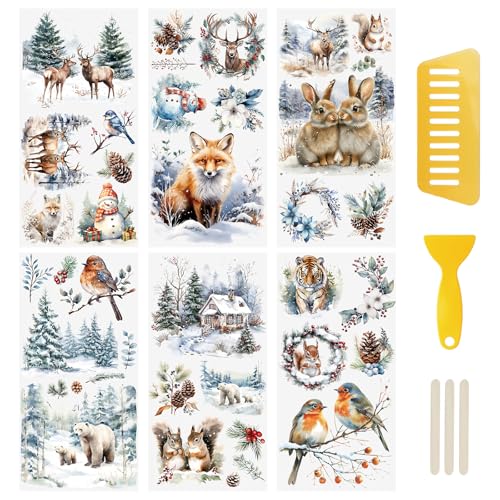 WANDIC 6 Sheets Rub On Transfer Sticker, Winter Snow Elk Decal for DIY Scrapbooking Photo Albums Furniture,15 * 30cm - color: Winter Theme