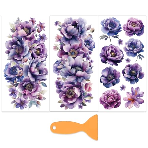 OLYCRAFT 3Pcs/Set Purple Flower Rub on Transfers for Furniture and Craft 6x12 Inch Peony Furniture Decal Transfer Sticker Rub on Decal with 1pc Scraper for Scrapbook Window Home Decoration - style: Purple Flower