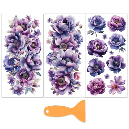 OLYCRAFT 3Pcs/Set Purple Flower Rub on Transfers for Furniture and Craft 6x12 Inch Peony Furniture Decal Transfer Sticker Rub on Decal with 1pc Scraper for Scrapbook Window Home Decoration - style: Purple Flower