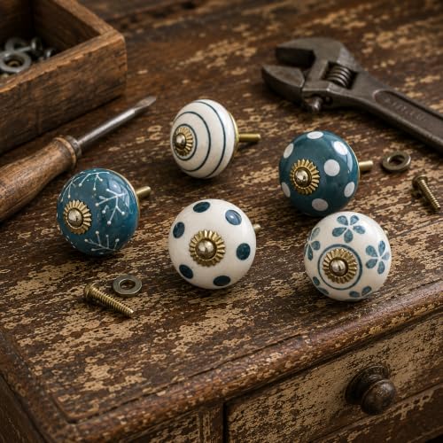Ceramic Knobs: Cabinet & Furniture Knobs, Set of 10, Glossy White, 6 x 3.8 cm, Classic, Art Deco, Modern, Hand-painted, Ceramic, Light Blue - color: jazzy_f, size: 6 x 3.8 cm (Set of 10)