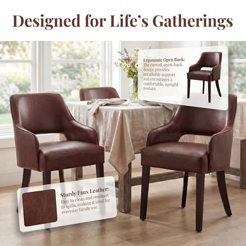 chairus Farmhouse Dining Chairs with Arms Set of 4, Brown PU Leather Upholstered Kitchen & Dining Room Chairs, Curved Open Back Chairs with Walnut Solid Wood Legs & Thick Cushion, Brown - color: Brown