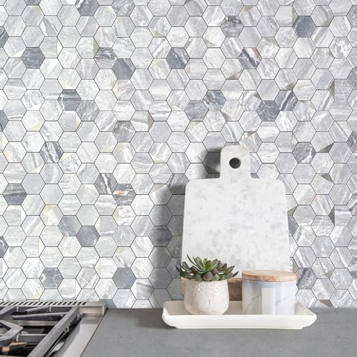 DICOFUN Hexagon Tile Peel and Stick Backsplash, Grey Marble Look PVC Mixed Silver Metal Mosaic Tiles, Pack of 1 - color: Marble Grey + Silver Metal Chip, size: 1 Sheet, 12''x12''x0.12''