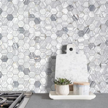 DICOFUN Hexagon Tile Peel and Stick Backsplash, Grey Marble Look PVC Mixed Silver Metal Mosaic Tiles, Pack of 1 - color: Marble Grey + Silver Metal Chip, size: 1 Sheet, 12''x12''x0.12''