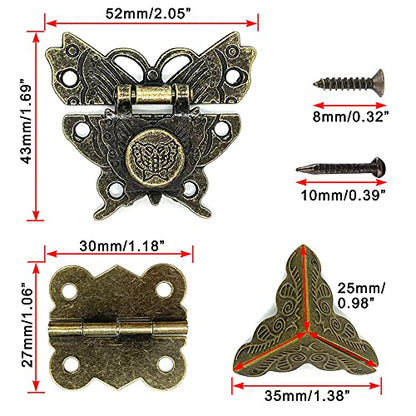 2 Sets Antique Hasp Latch Lock Hinges Corner Protector Hardware Kit