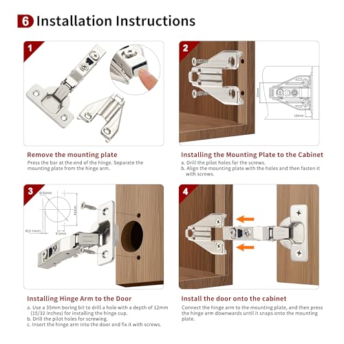 50 Pack Full Overlay Face Frame Soft Close Hinges, 105° 3-Way Adjust - size: Full