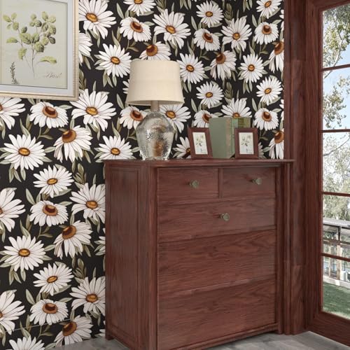 Laatse Dark Daisy Floral Peel and Stick Wallpaper 17.5" × 118", White/Black - color: Black,Green, size: 118" x 17.5"