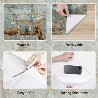 Wallercity Matte Blue/Brown Marble Contact Paper for Table Top Peel and Stick Countertops Granite Wallpaper for Bathroom Kitchen Backsplash Thick Marble Wallpapers for Cabinets Cupboards 15.8''x236'' - size: 15.8" x 236"