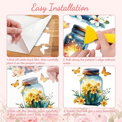 Peacoblue Mason Jar Butterflies Rub On Transfers for Furniture 6"x12" - style: Mason Jar With Flowers Fireflies And Butterflies