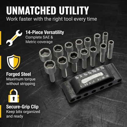 Drilax 14-Pc Nut Driver Bit Set, SAE & Metric, 1/4 in Hex, Impact Ready