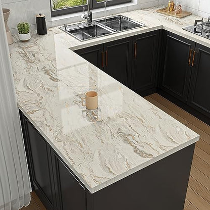 VaryPaper 15.7''x78.7'' Glossy Marble Wallpaper, Beige-Grey-Gold, Peel and Stick, Self-Adhesive, Thick, Durable, Removable, Waterproof, for Countertops, Kitchen, Bathroom, Desk, DIY Projects - color: Glossy-Beige Grey Gold, size: 15.7" x 78.7"