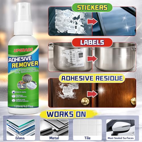 Adhesive Remover Spray Kit, 4 fl oz Sticker Remover for Labels, Glue, Residue, Tape, Decals, Fast Acting Glue Remover Includes Scraper and 10 Extra Plastic Razor Blades for Home, Car, Glass, Metal