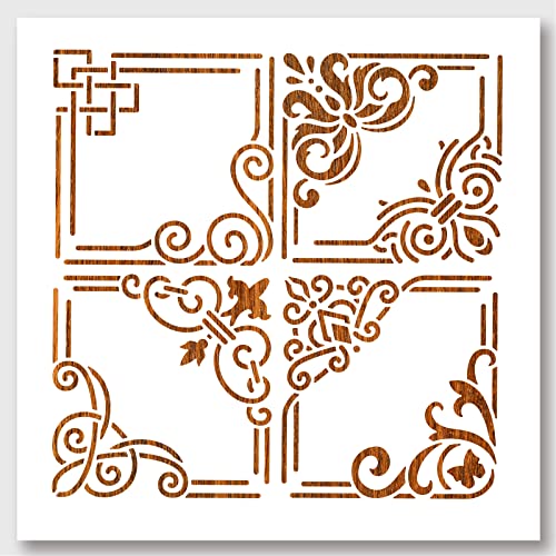 NBEADS Corner Painting Stencil, Reusable Square Border Painting Templates DIY Art Craft Painting Wall Cut Stencils 11.8×11.8" for Painting on Wood Canvas Paper Furniture Wall