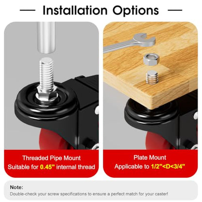 Caster Wheels, Threaded Stem Casters Set of 4 Heavy Duty,1/2"-16 x 1(Stem Diameter 1/2", Length 1"), Dual Locking Caster, Industrial Castor Wheels for Furniture,Carts - color: Black-Red