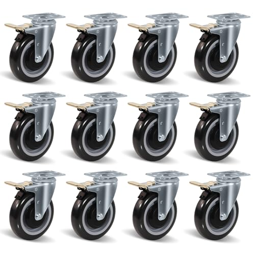 5" Caster Wheels, Heavy Duty Industrial Casters, Polyurethane Shopping Cart Wheels Replacement for Cart, Each Caster Loads 350lbs (12 Total Lock Brake) - style: 12 Total Lock Brake