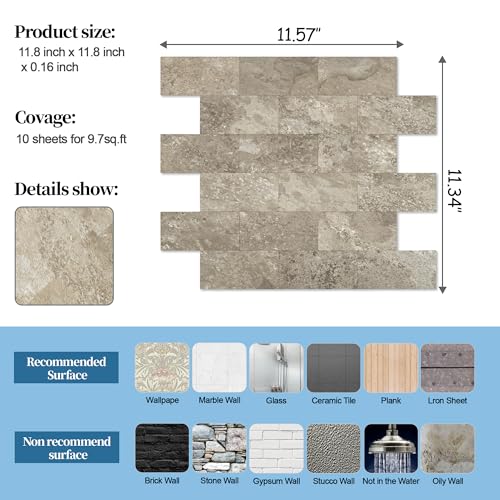 2026 New Upgrade Peel and Stick Backsplash Tile, Peel and Stick 11.34" X 11.57" Wall Tile for Kitchen, Bathroom, Fireplace, Laundry (Brownish Stone, 10 Packs) - color: Brownish Stone