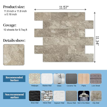2026 New Upgrade Peel and Stick Backsplash Tile, Peel and Stick 11.34" X 11.57" Wall Tile for Kitchen, Bathroom, Fireplace, Laundry (Brownish Stone, 10 Packs) - color: Brownish Stone