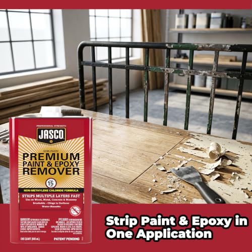 Multi-Surface Paint Stripper - Jasco Premium Paint & Epoxy Remover - Qt - Epoxy, Varnish, Enamel, Latex, & Oil-Based Paint Remover - Concrete, and Masonry Surfaces Bundled with Omni Depot Gloves