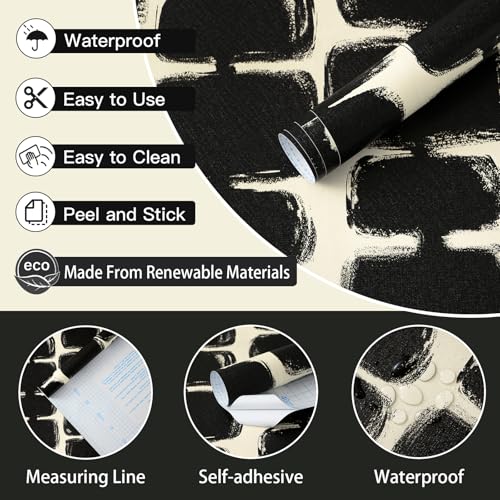 Safiyya 17.3"x393" Peel and Stick Wallpaper Black and Cream White Contact Paper Mid Century Modern Abstract Geometric Wall Paper Self Adhesive Removable Wallpaper for Bathroom and Bedroom Vinyl - color: Black and Cream White, size: 17.3" x 393"