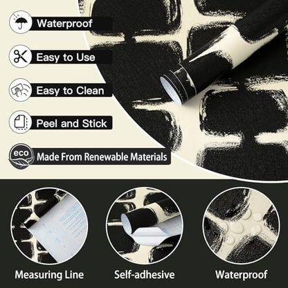 Safiyya 17.3"x393" Peel and Stick Wallpaper Black and Cream White Contact Paper Mid Century Modern Abstract Geometric Wall Paper Self Adhesive Removable Wallpaper for Bathroom and Bedroom Vinyl - color: Black and Cream White, size: 17.3" x 393"