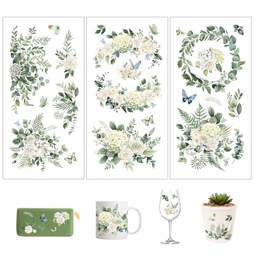Joeyan Rub on Transfers for Crafts and Furniture,Eucalyptus Transfer Decals Stickers with Flower and Leaves,3 Sheets DIY Craft for Fabric Wood Ceramic Glass Plastic,Furniture Decals for Wedding Home