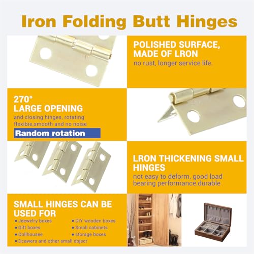 60 Sets Small Hinges with Screws, Mini Hinges 270° Folding Iron Hinge 0.6 in Gold Bronze Mini Hinge for DIY Boxes Wood Jewelry Box Hardware Gate Drawer Miniature Butt Tiny