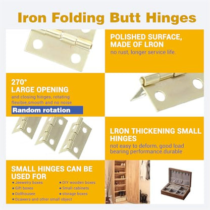 60 Sets Small Hinges with Screws, Mini Hinges 270° Folding Iron Hinge 0.6 in Gold Bronze Mini Hinge for DIY Boxes Wood Jewelry Box Hardware Gate Drawer Miniature Butt Tiny
