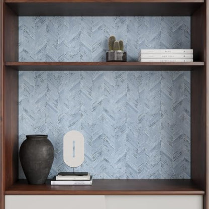 VaryPaper 32"x354" Light Blue Herringbone Peel and Stick Wallpaper Grasscloth Wallpaper for Bedroom Bathroom Waterproof Removable Self Adhesive Vinyl Faux Grass Cloth Contact Paper for Cabinets Desk - size: 32" x 354"