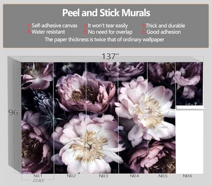 Peel and Stick Purple Peony Floral Wallpaper Black Flower wall Mural - color: M03, size: 137"x96"
