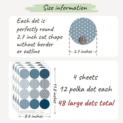 Boho Polka Dot Wall Sticker, 48 Removable and Repositionable Pattern Decals - Premium Fabric Material, Polka Dots, Stripes, Chevrons and Solid in 3 Shades of a Color (Blue) - color: Blue