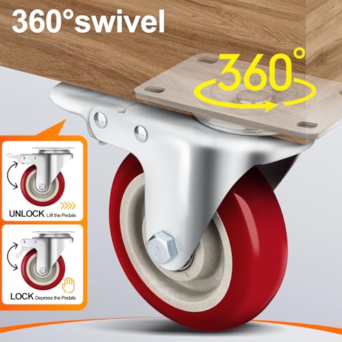 4" Heavy Duty Caster Wheel with Brake, Swivel Casters Set of 4 - color: Red, size: 4 IN