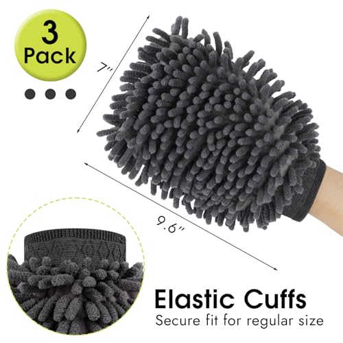 3 Pack Chenille Microfiber Car Wash Mitt, 7" x 9.6", Grey - color: Grey