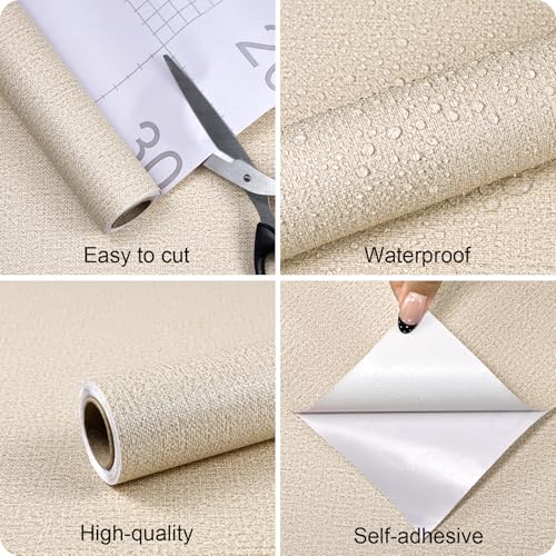 Grasscloth Peel and Stick Wallpaper Khaki Textured Contact Paper, set of 17.3 x 200 Inches Removable Wallpaper for Bedroom, Countertop, Classroom, Cabinet and Drawer, Renter Friendly Wall Paper - color: Khaki, size: 17.3" x 200"